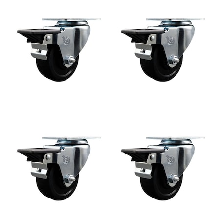 Service Caster 3'' Soft Rubber Wheel Swivel Top Plate Caster Set Posi Brake, 4PK SCC-20S314-SRS-PLB-4